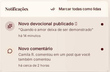 Painel de notificações mostrando aviso de novo devocional e resposta em comentário