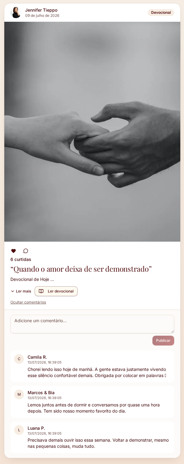 Prévia real do feed de reflexões: um devocional publicado com curtidas e comentários de casais